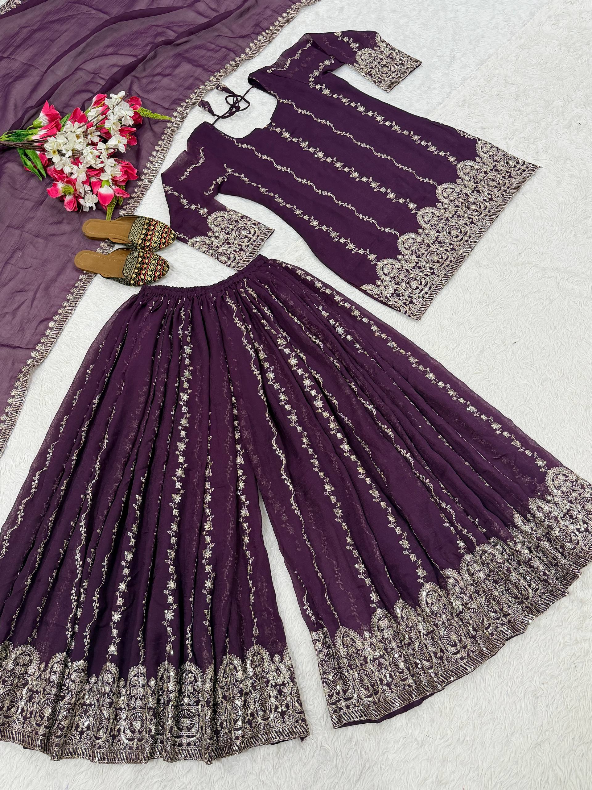 Exquisite Deep Wine Sharara Suit Set Embellished with Intricate Silver Zari Embroidery, Vertical Floral Motifs, and an Ornate Heritage Border